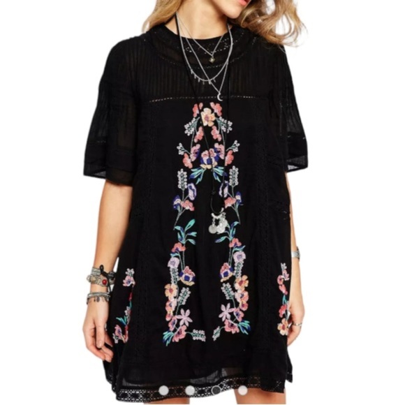 Free People Perfectly Victorian Size XS Black Floral Embroidered Mini Dress - Picture 2 of 11